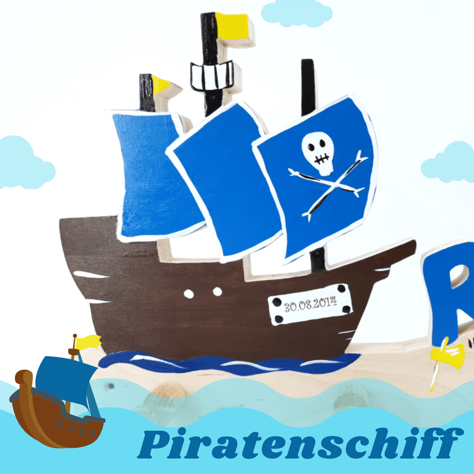 Pirat neues Motiv Piratenschiff Holzspielzeug Pfeiffer Garderobe Name Kinder Schiff