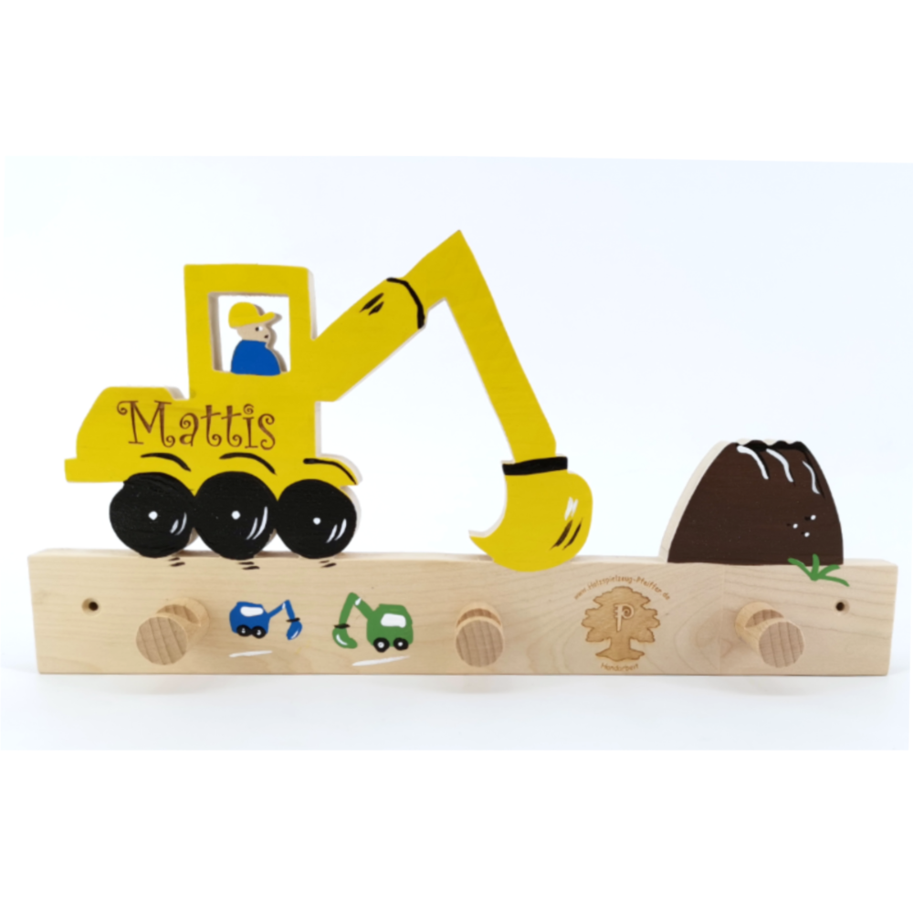 Holzspielzeug Pfeiffer Garderobe Holz Kinder Motiv individuell personalisiert Fahrzeuge Bagger gelb